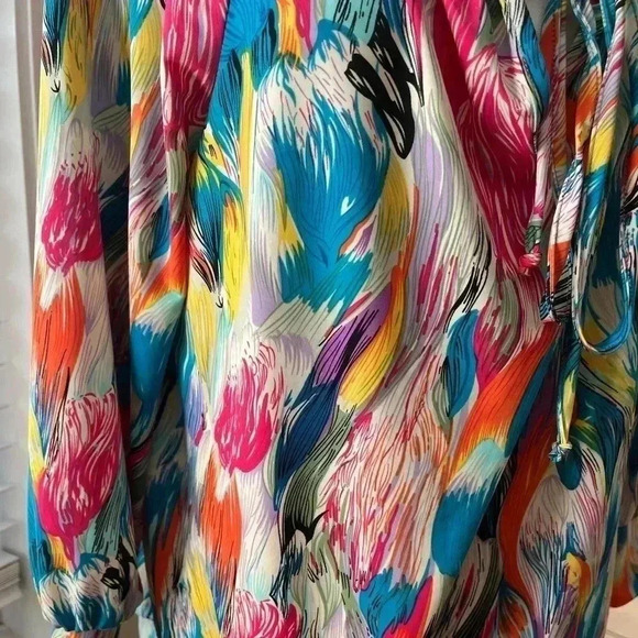 [M]Vintage Citrine  Abstract Rainbow Tulips L/S Pull Over Blouse Key Hole Neck - Picture 2 of 10